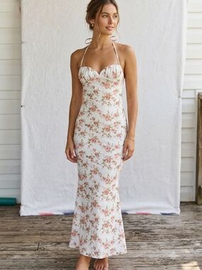 Boho Cream Floral Halter Maxi Dress Comfortable Summer Wedding Dress.  WD 000